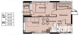 2-к квартира, строящийся дом, 44м2, 15/17 этаж