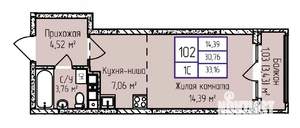 1-к квартира, строящийся дом, 33м2, 8/17 этаж