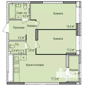 2-к квартира, строящийся дом, 58м2, 16/17 этаж