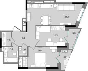 2-к квартира, вторичка, 72м2, 8/16 этаж