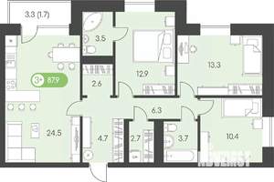 3-к квартира, строящийся дом, 88м2, 6/9 этаж