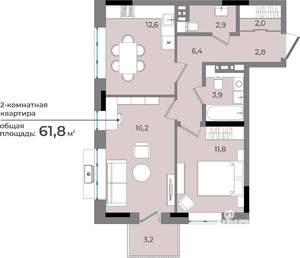 2-к квартира, строящийся дом, 62м2, 6/15 этаж