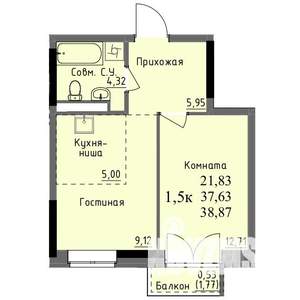 1-к квартира, строящийся дом, 38м2, 13/17 этаж