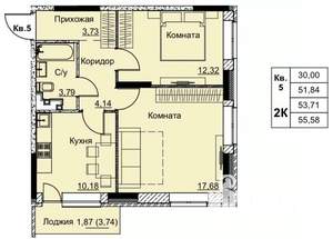 2-к квартира, строящийся дом, 54м2, 1/17 этаж