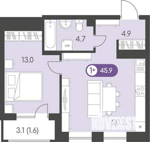 1-к квартира, вторичка, 46м2, 9/10 этаж