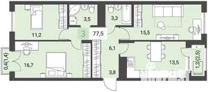 3-к квартира, строящийся дом, 78м2, 5/16 этаж