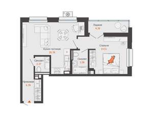 1-к квартира, вторичка, 50м2, 3/16 этаж