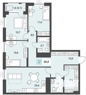 3-к квартира, строящийся дом, 89м2, 8/16 этаж