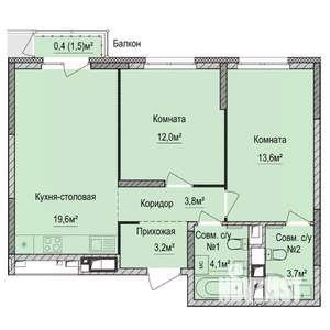 2-к квартира, строящийся дом, 60м2, 6/17 этаж