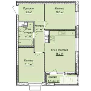 2-к квартира, строящийся дом, 54м2, 16/17 этаж