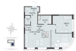 2-к квартира, вторичка, 66м2, 1/16 этаж