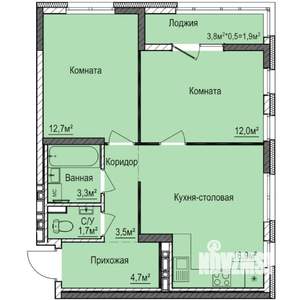2-к квартира, строящийся дом, 56м2, 4/17 этаж