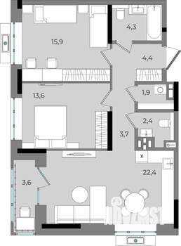 2-к квартира, вторичка, 72м2, 6/16 этаж