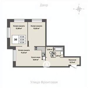 2-к квартира, вторичка, 58м2, 1/8 этаж