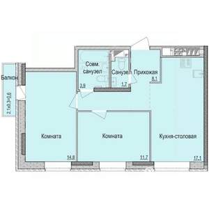 2-к квартира, строящийся дом, 57м2, 6/17 этаж