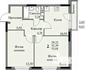 2-к квартира, строящийся дом, 54м2, 3/17 этаж