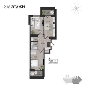 2-к квартира, строящийся дом, 76м2, 16/17 этаж