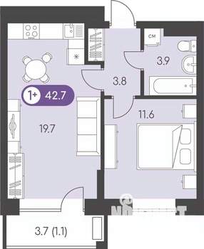 1-к квартира, строящийся дом, 43м2, 9/9 этаж