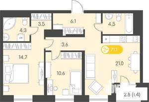 2-к квартира, вторичка, 71м2, 24/24 этаж