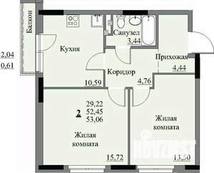 2-к квартира, строящийся дом, 54м2, 2/17 этаж