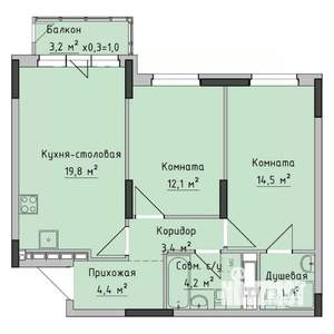 2-к квартира, строящийся дом, 62м2, 1/17 этаж