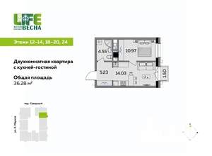 2-к квартира, вторичка, 36м2, 18/25 этаж
