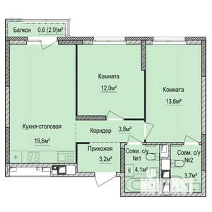 2-к квартира, строящийся дом, 60м2, 4/17 этаж