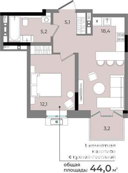 1-к квартира, строящийся дом, 44м2, 4/15 этаж