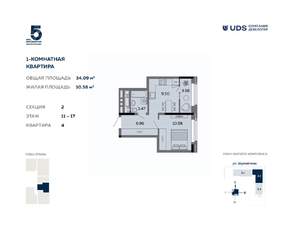 1-к квартира, вторичка, 34м2, 11/17 этаж