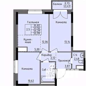 2-к квартира, строящийся дом, 54м2, 16/17 этаж