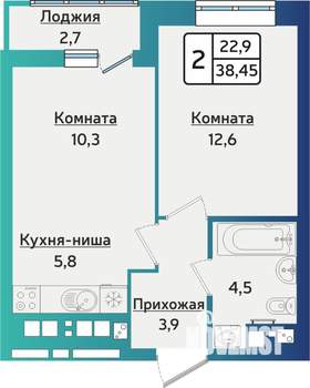 2-к квартира, строящийся дом, 38м2, 2/16 этаж