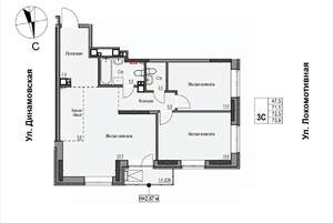 3-к квартира, строящийся дом, 72м2, 15/17 этаж