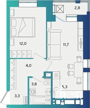 2-к квартира, строящийся дом, 42м2, 12/17 этаж