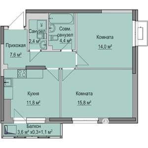 2-к квартира, строящийся дом, 57м2, 14/17 этаж