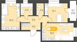 2-к квартира, строящийся дом, 62м2, 3/10 этаж