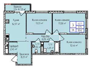 3-к квартира, строящийся дом, 85м2, 2/17 этаж