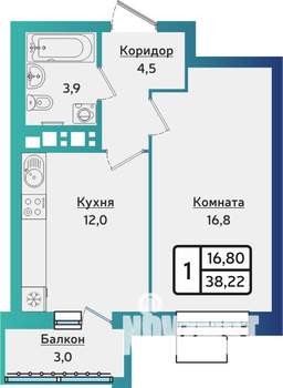1-к квартира, строящийся дом, 38м2, 9/10 этаж