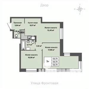2-к квартира, строящийся дом, 59м2, 1/8 этаж