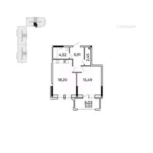 1-к квартира, вторичка, 54м2, 2/17 этаж