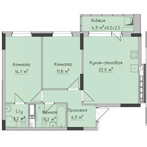 2-к квартира, строящийся дом, 64м2, 13/17 этаж