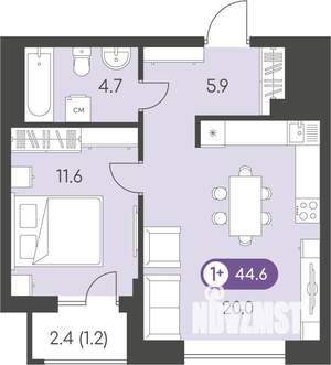 1-к квартира, вторичка, 45м2, 18/24 этаж