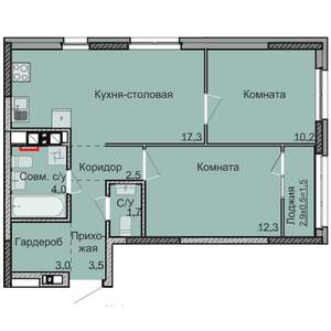 2-к квартира, строящийся дом, 56м2, 2/17 этаж