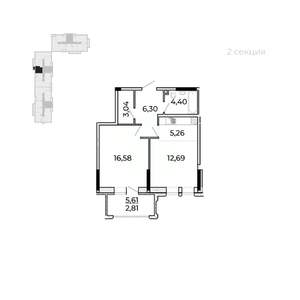 1-к квартира, строящийся дом, 54м2, 10/17 этаж