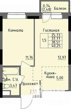 1-к квартира, строящийся дом, 39м2, 2/17 этаж