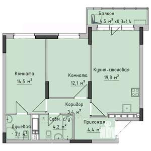 2-к квартира, строящийся дом, 63м2, 14/17 этаж