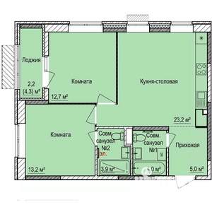 2-к квартира, строящийся дом, 65м2, 1/17 этаж