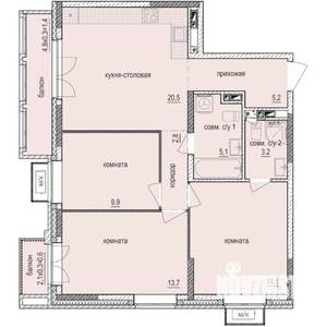 3-к квартира, строящийся дом, 77м2, 2/14 этаж